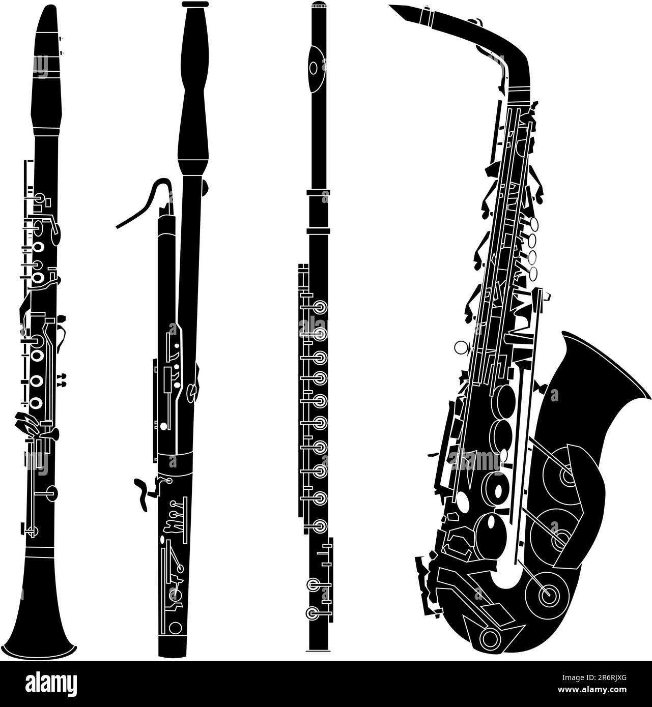 Woodwind musical instruments set in detailed vector silhouette Stock
