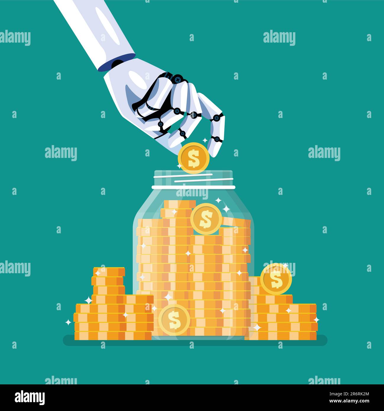 Robot hand and saving coins in glass jar. Artificial intelligence. Vector illustration Stock Vector