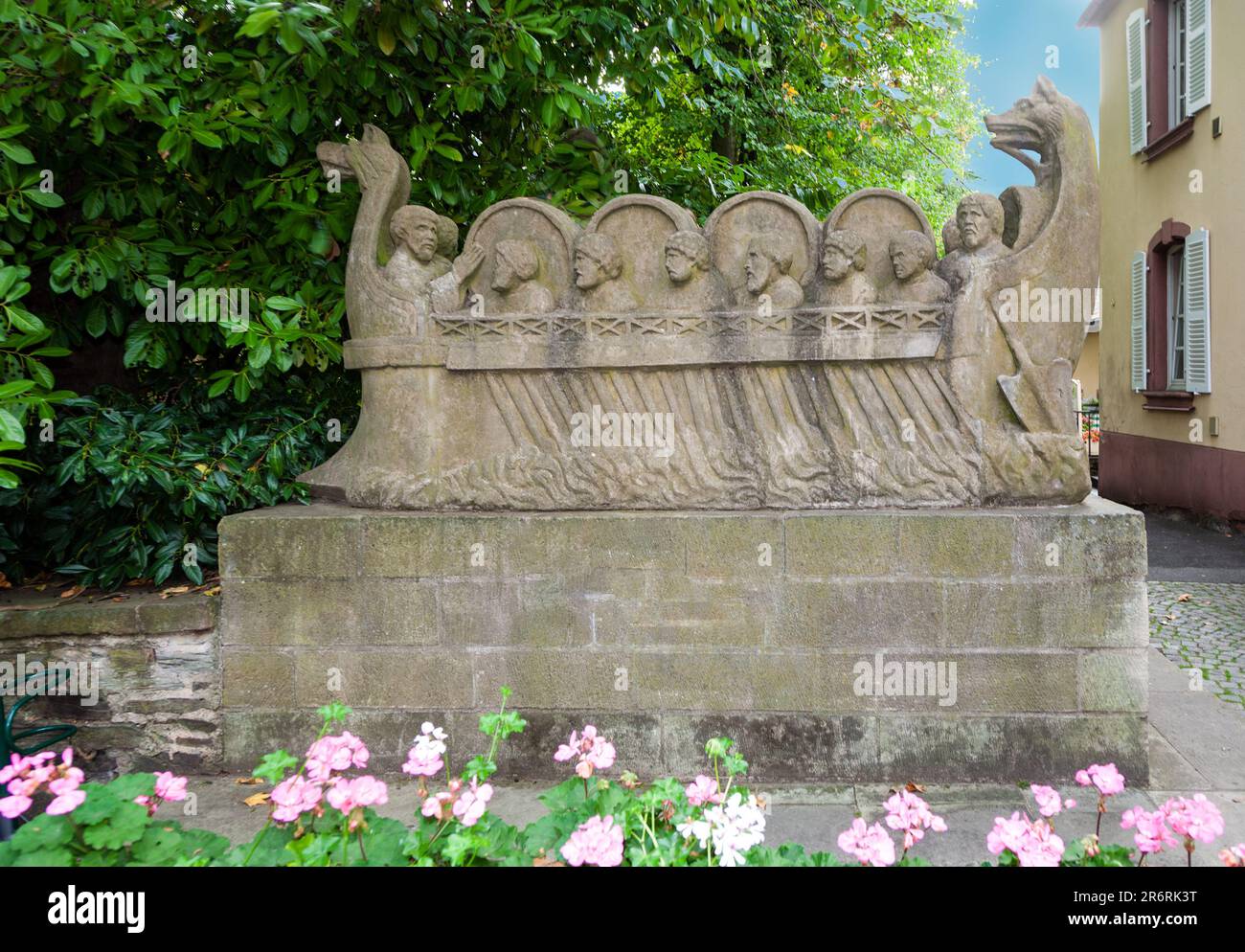 Neumagen, Germany - September 19, 2009: stone statue of the ship of a wine merchant with barrels in Neumagen Dhron from roman times. Stock Photo