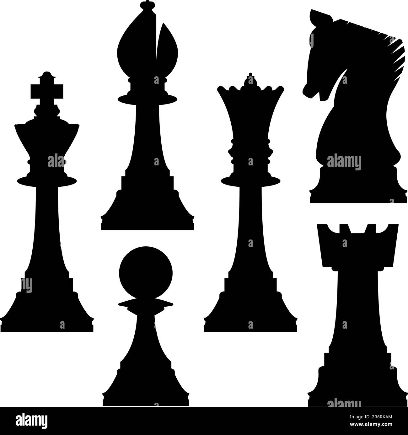 Chess pieces in vector silhouette including king, queen, rook, pawn, knight, and bishop Stock Vector
