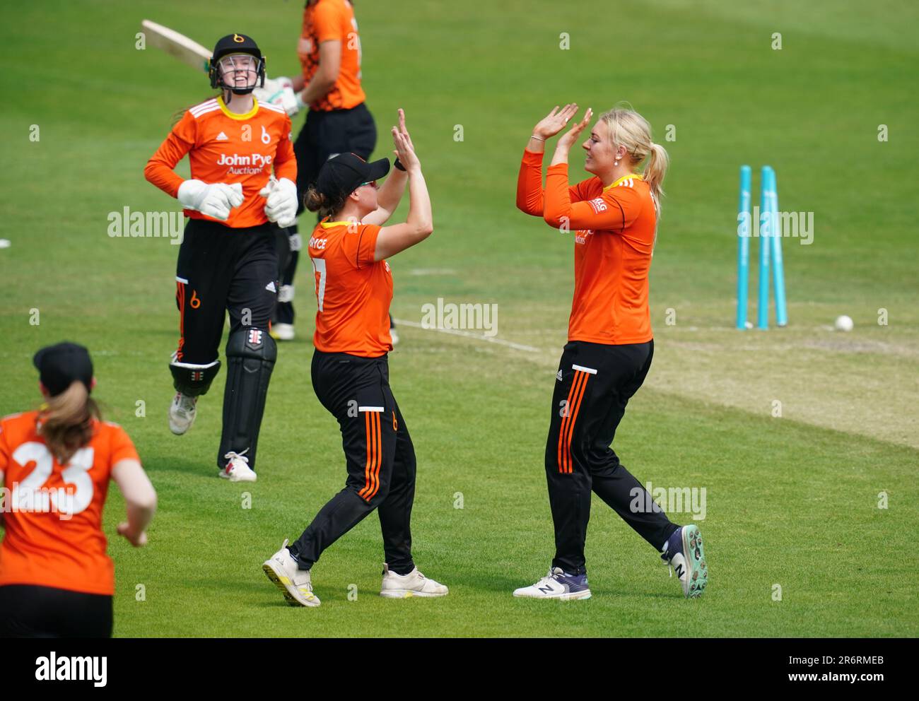 Blaze’s Sarah Glenn celebrates taking the wicket of Vipers Maia Bouchier during the Charlotte Edwards Cup final at New Road, Worcester. Picture date: Sunday June 11, 2023. Stock Photo