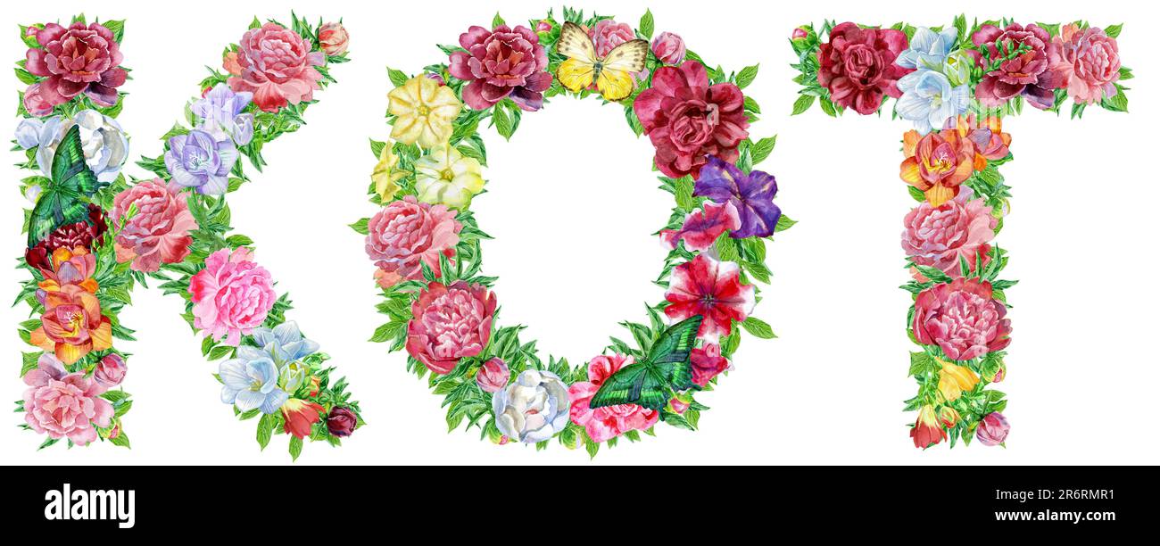 Word CAT in Russian of watercolor flowers, isolated hand drawn on a