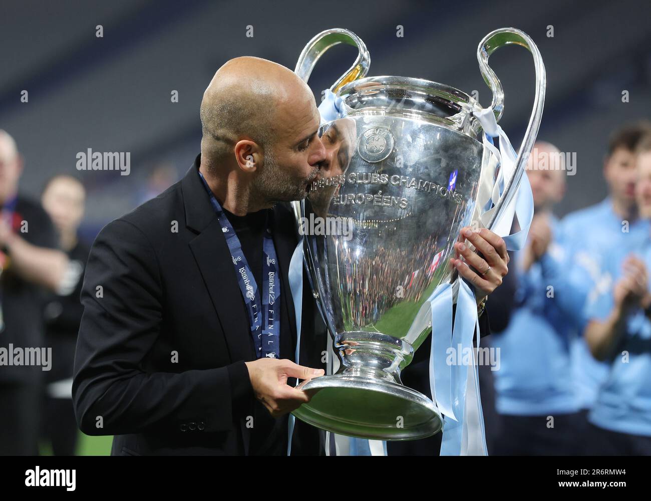 Istanbul, Turkey. 10th June, 2023. Josep Guardiola coach of Manchester City with the trophy after the UEFA Champions League Final match at the Ataturk Olympic Stadium, Istanbul. Picture credit should read: Paul Terry/Sportimage Credit: Sportimage Ltd/Alamy Live News Stock Photo