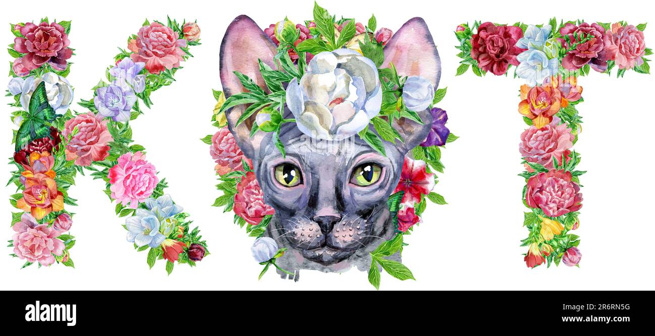 Word CAT in Russian of watercolor flowers, isolated hand drawn on a