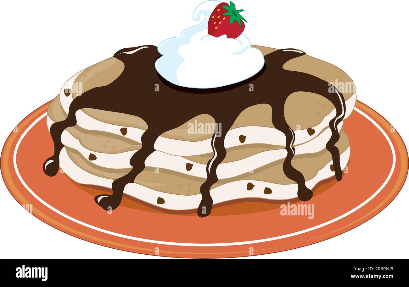 A stack of pancakes with chocolate syrup and whipped cream Stock Vector