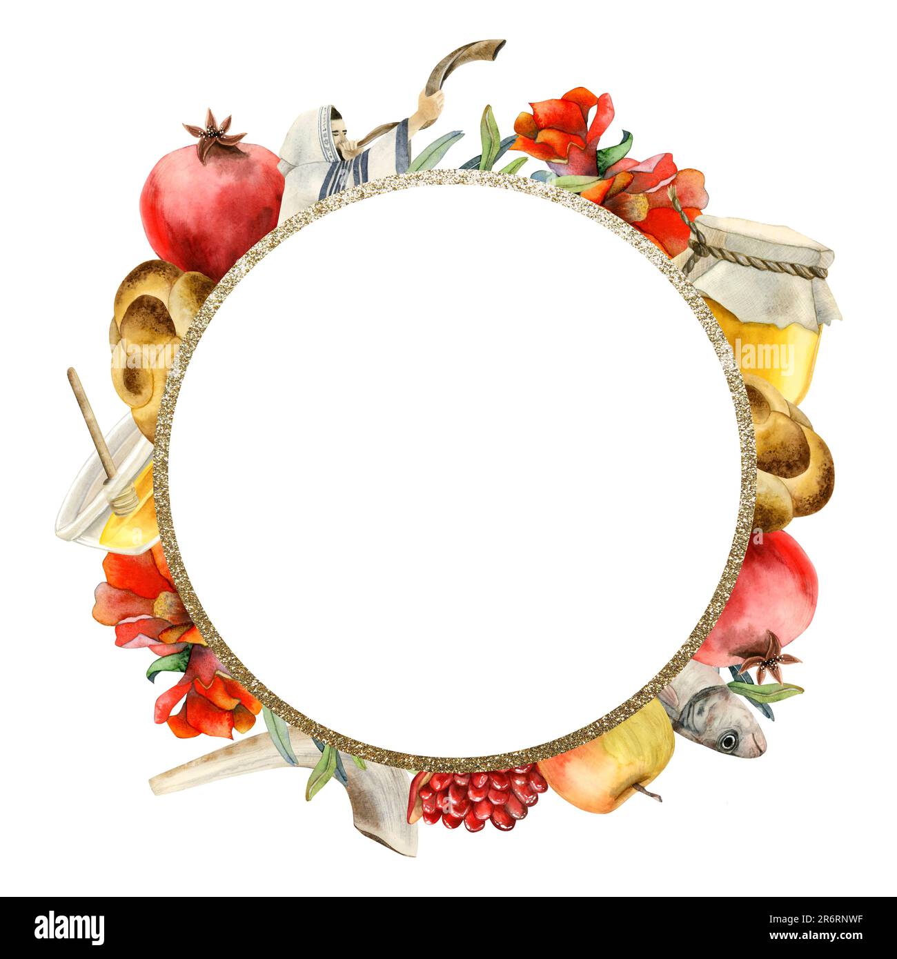 Rosh Hashanah round greeting card template with copyspace watercolor illustration for Jewish New year. Shana tova symbol Stock Photo