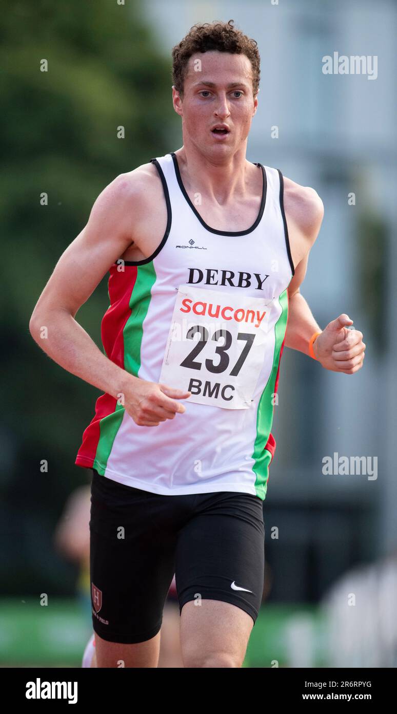 Hugo Milner of Derby AC competing in the men’s 5000m A race at the British Milers Club Grand Prix, Paula Ratcliffe Stadium, Loughborough, England UK o Stock Photo