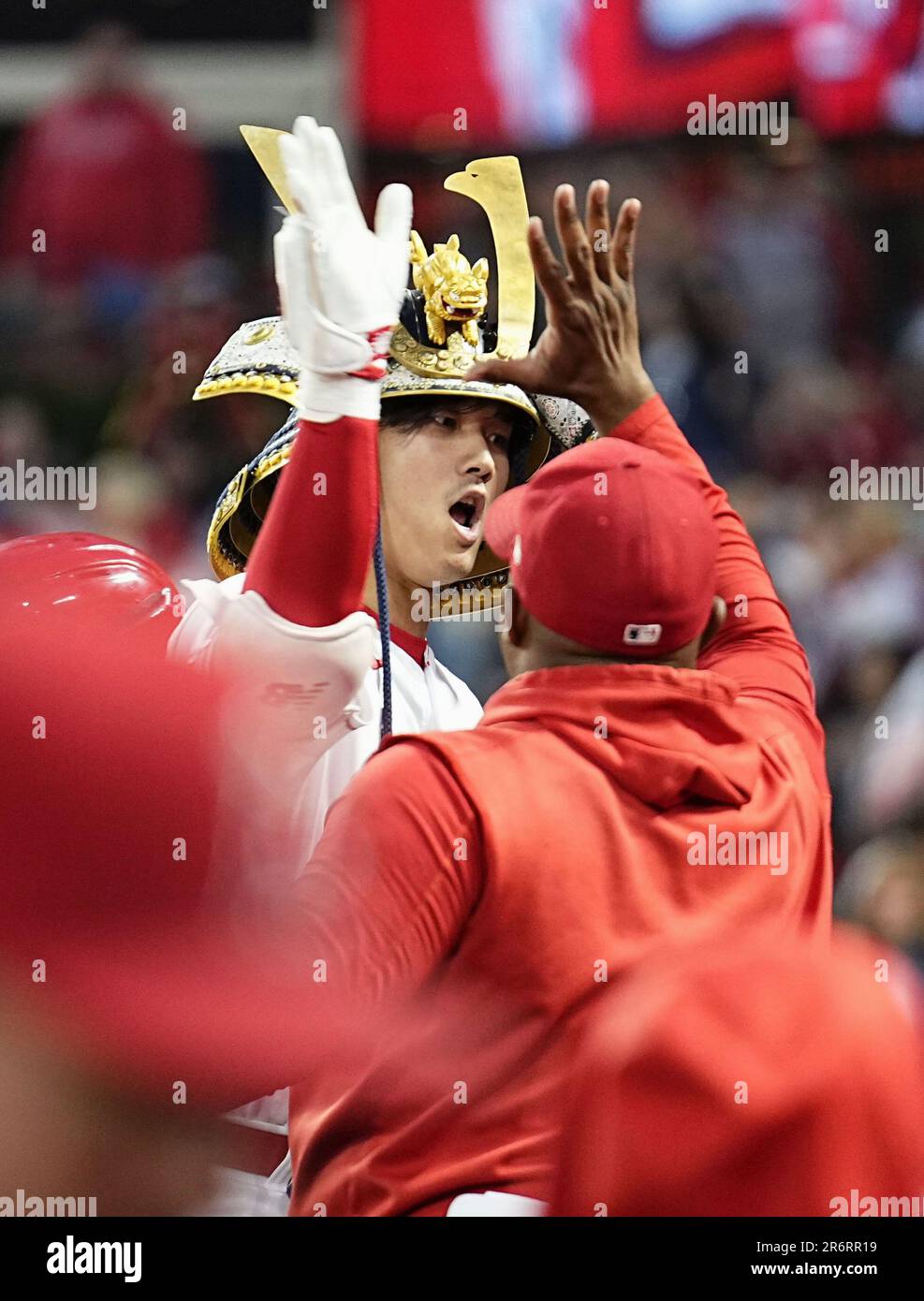 Shohei Ohtani of the Los Angeles Angels celebrates wearing a