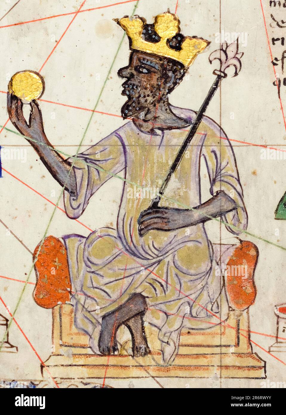 Mansa Musa (1280-1337), ninth ruler of the Mali Empire (circa 1312-1337), sitting on a throne holding a gold coin, portrait drawing by Abraham Cresques, 1375 Stock Photo