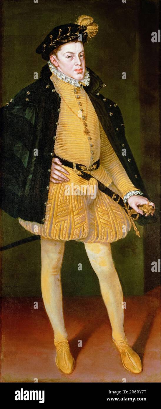 Infant Don Carlos of Spain (1545-1568), Prince of Asturias, portrait painting in oil on canvas by Alonso Sánchez Coello, 1564 Stock Photo