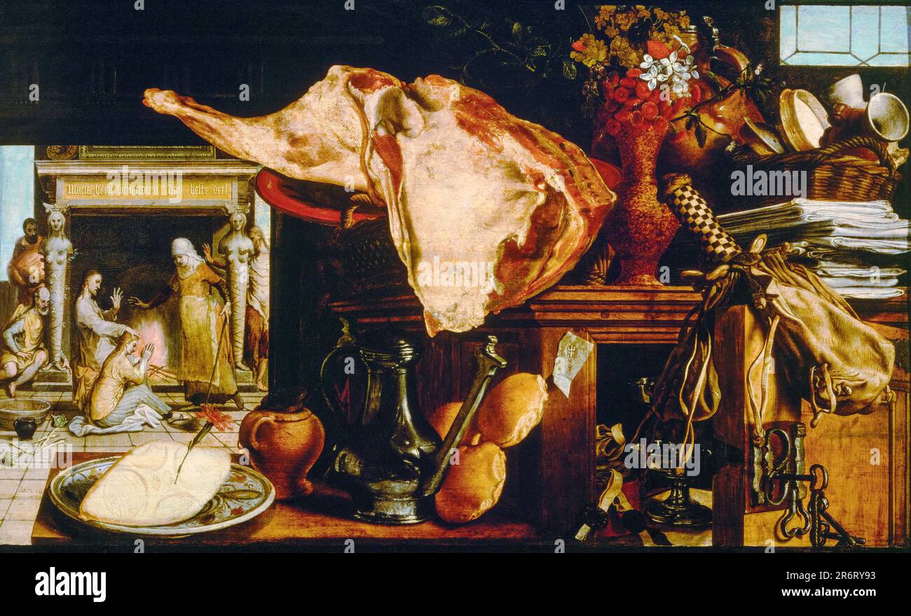 Pieter Aertsen, Christ with Mary and Martha, still life painting in oil on panel, 1552 Stock Photo