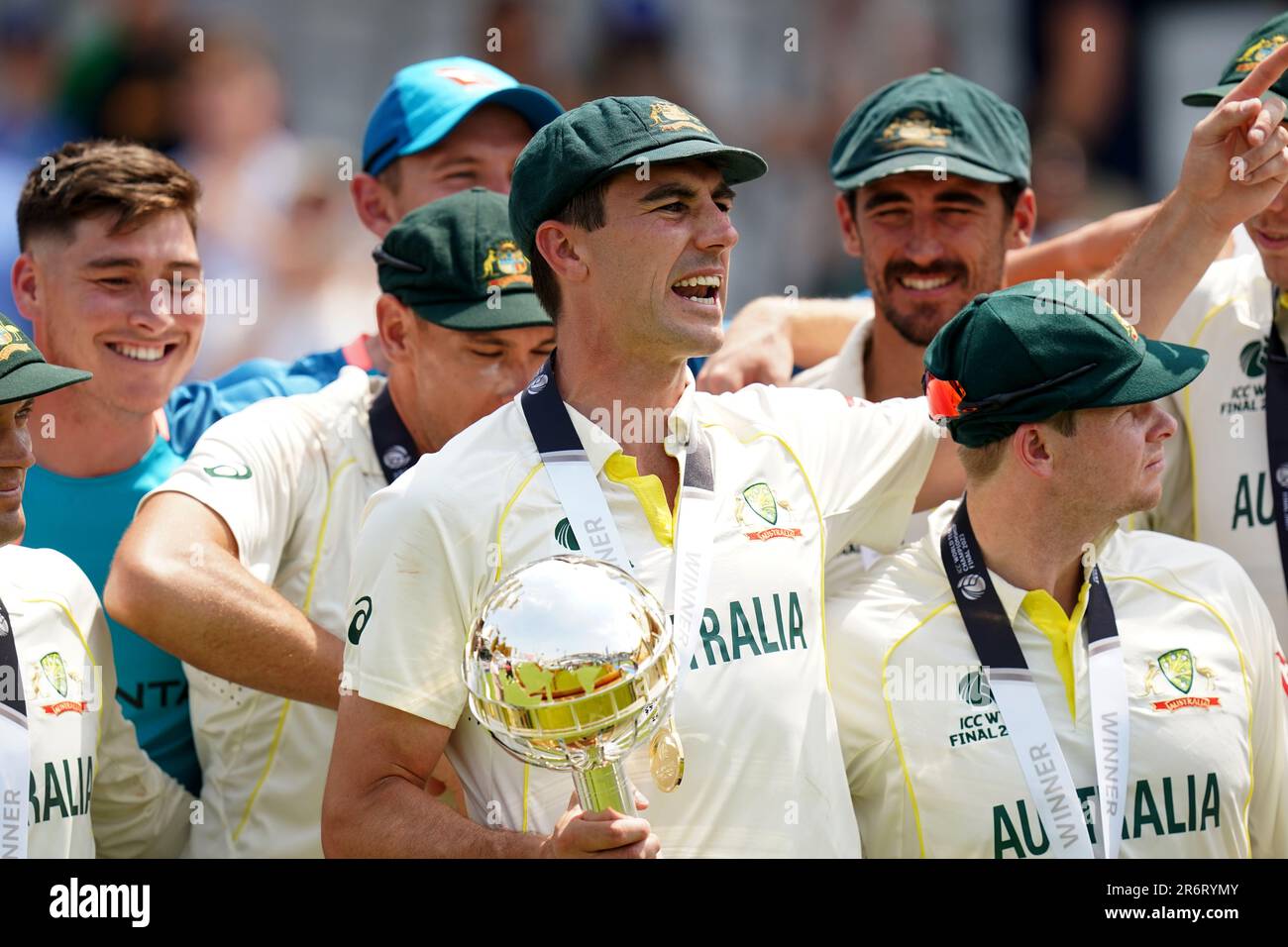 Australia’s Pat Cummins celebrates with their trophy following victory over India during day five of the ICC World Test Championship Final match at The Oval, London. Picture date: Sunday June 11, 2023. Stock Photo