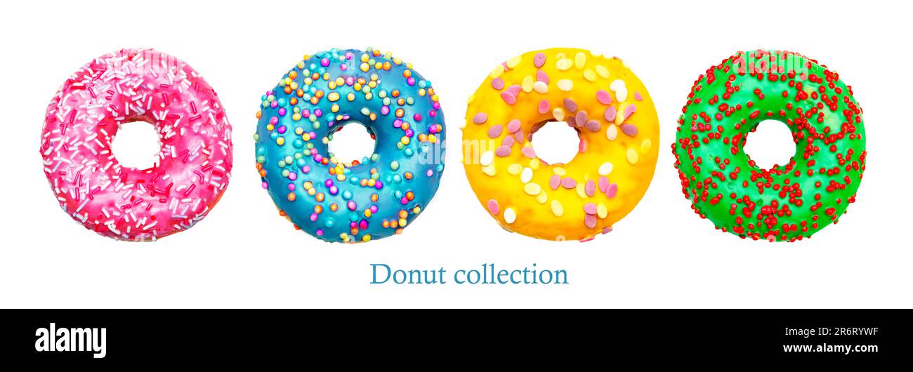 Assorted donuts with colorful icing. Isolated on white background. Stock Photo