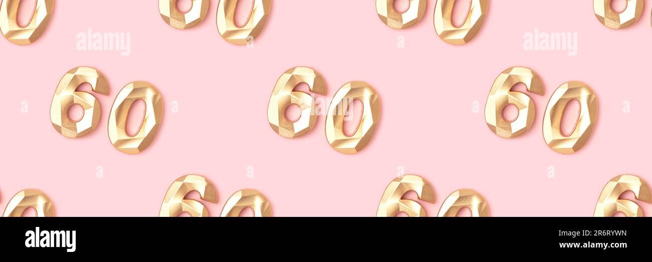 Banner with pattern made of golden number 60 on a pink background. Stock Photo
