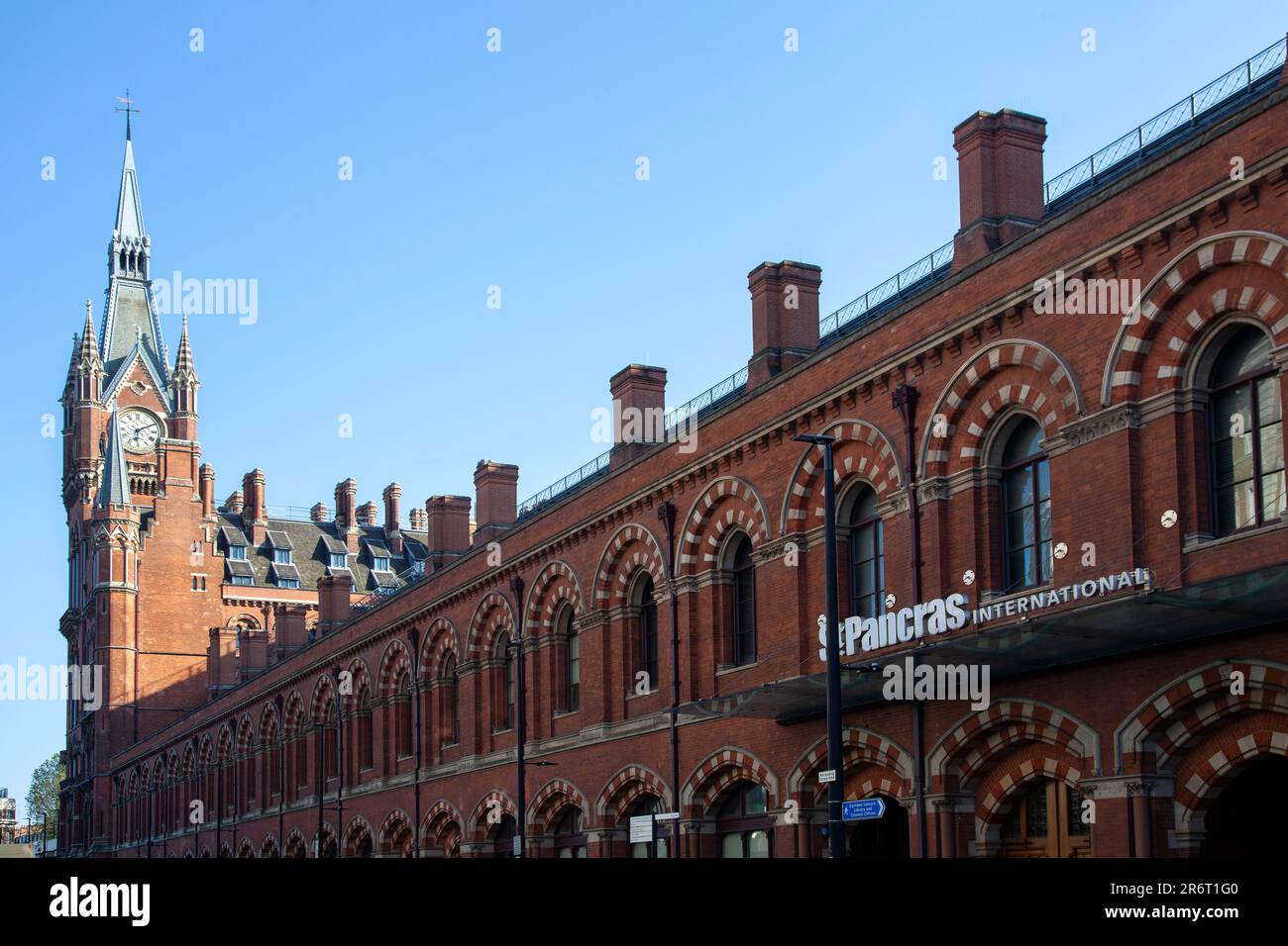 St Pancras International Entrance on Pancras Rd and Station Clock at Kings Cross, London UK