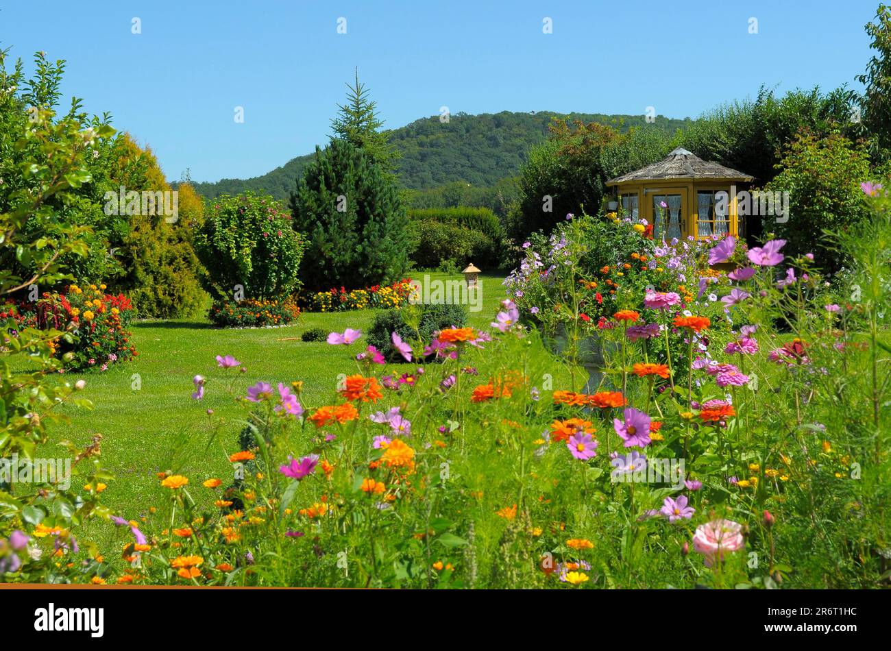 Garden area in summer Pavilion in the garden, ornamental garden Stock
