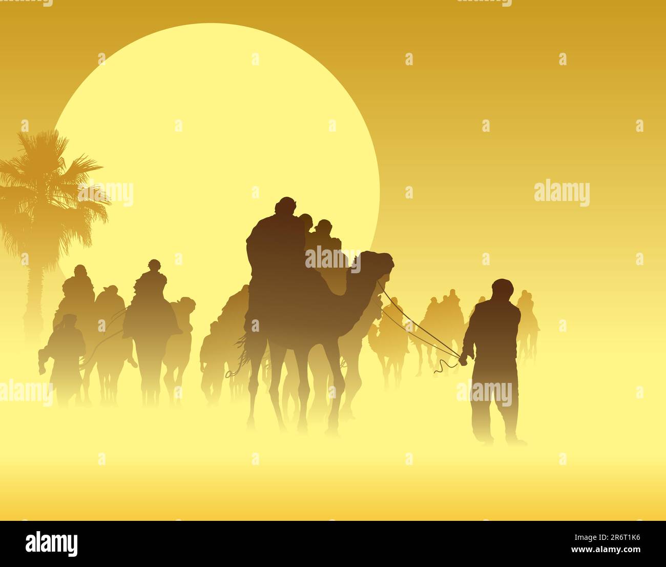 Camel caravan going through the sandstorm in the Sahara Desert Stock Vector