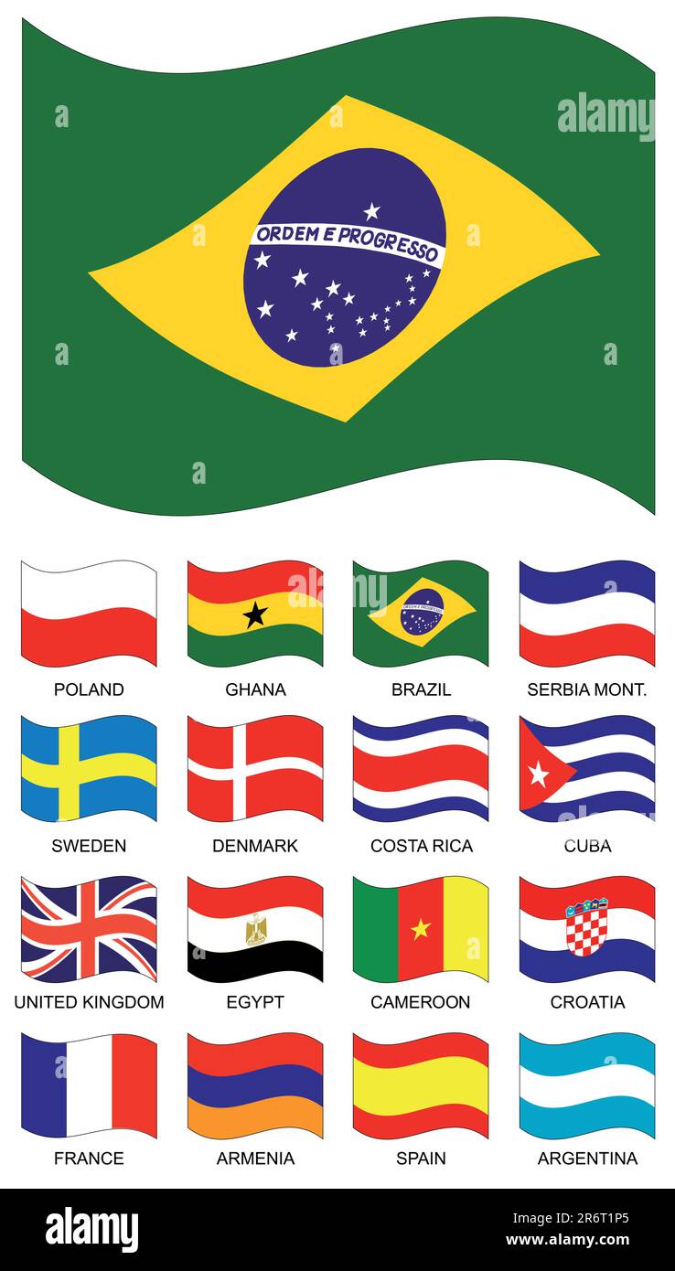 Vector Flag Collection. Poland, ghana, brazil, serbia montenegro, sweden, denmark, costa rica, cuba, united kingdom, egypt, cameroon, croatia, fran... Stock Vector