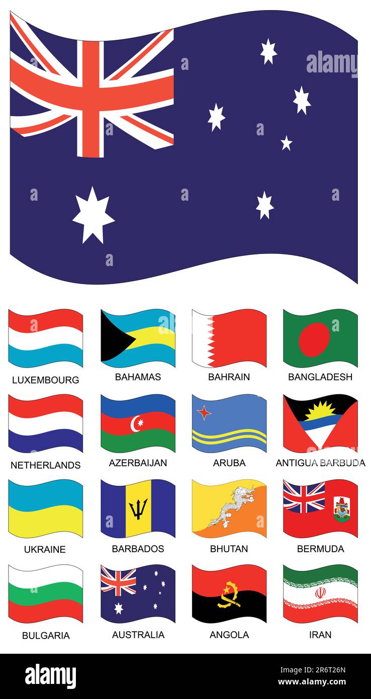 Vector Flag Collection. Luxemburg, bahamas, bahrain, bangladesh, netherlands, holland, azerbaijan, aruba, antigua, ukraine, barbados, bhutan, bermu... Stock Vector