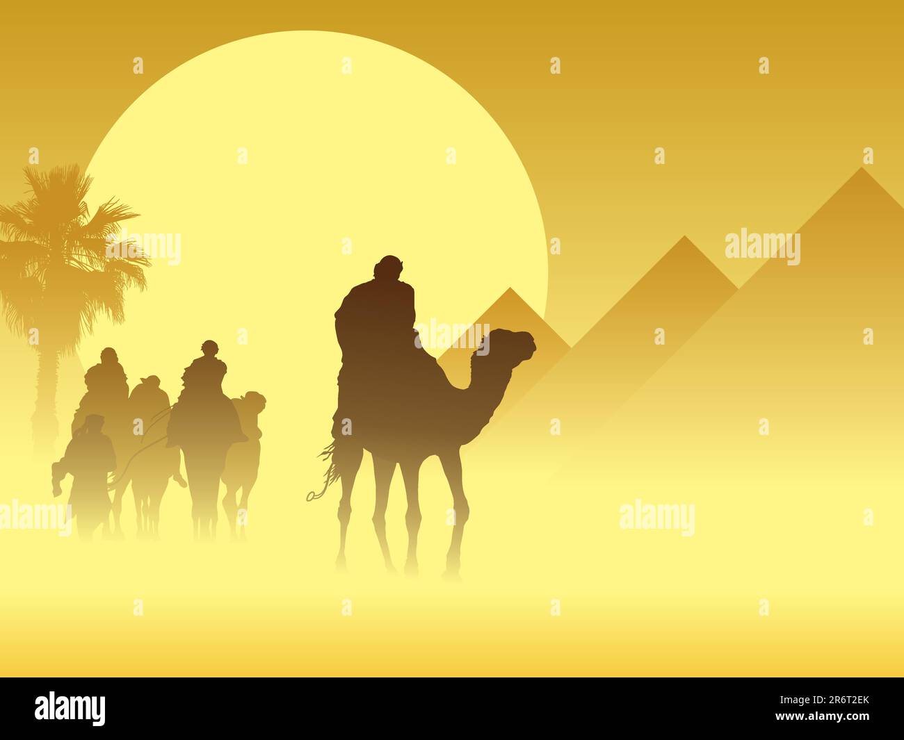 Camel caravan going through the sandstorm near pyramids Stock Vector