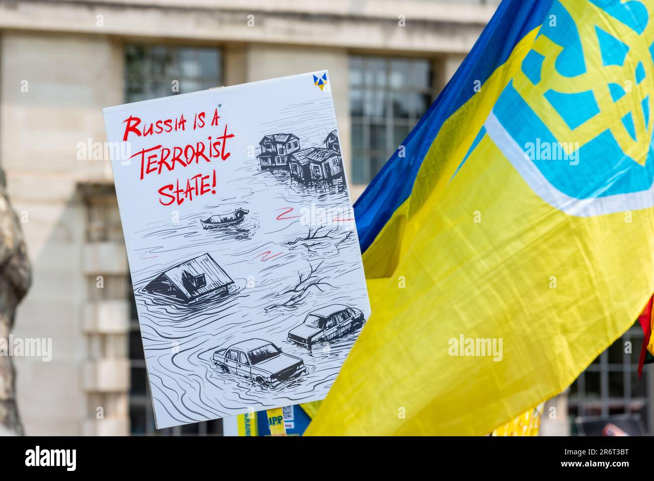 Whitehall, Westminster, London, UK. 11th Jun, 2023. A protest is taking place in Whitehall opposite Downing Street against the actions of Russia in Ukraine, with references to missing children and the breaching of the dam in Kherson. Stock Photo