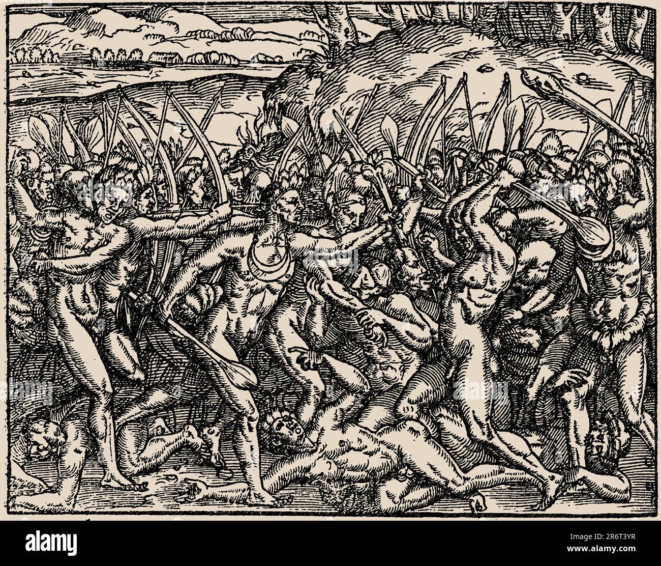Brazil. As savages make war against each other... From Cosmografia universal by André Thevet. Museum: PRIVATE COLLECTION. Author: THEODOR DE BRY. Stock Photo