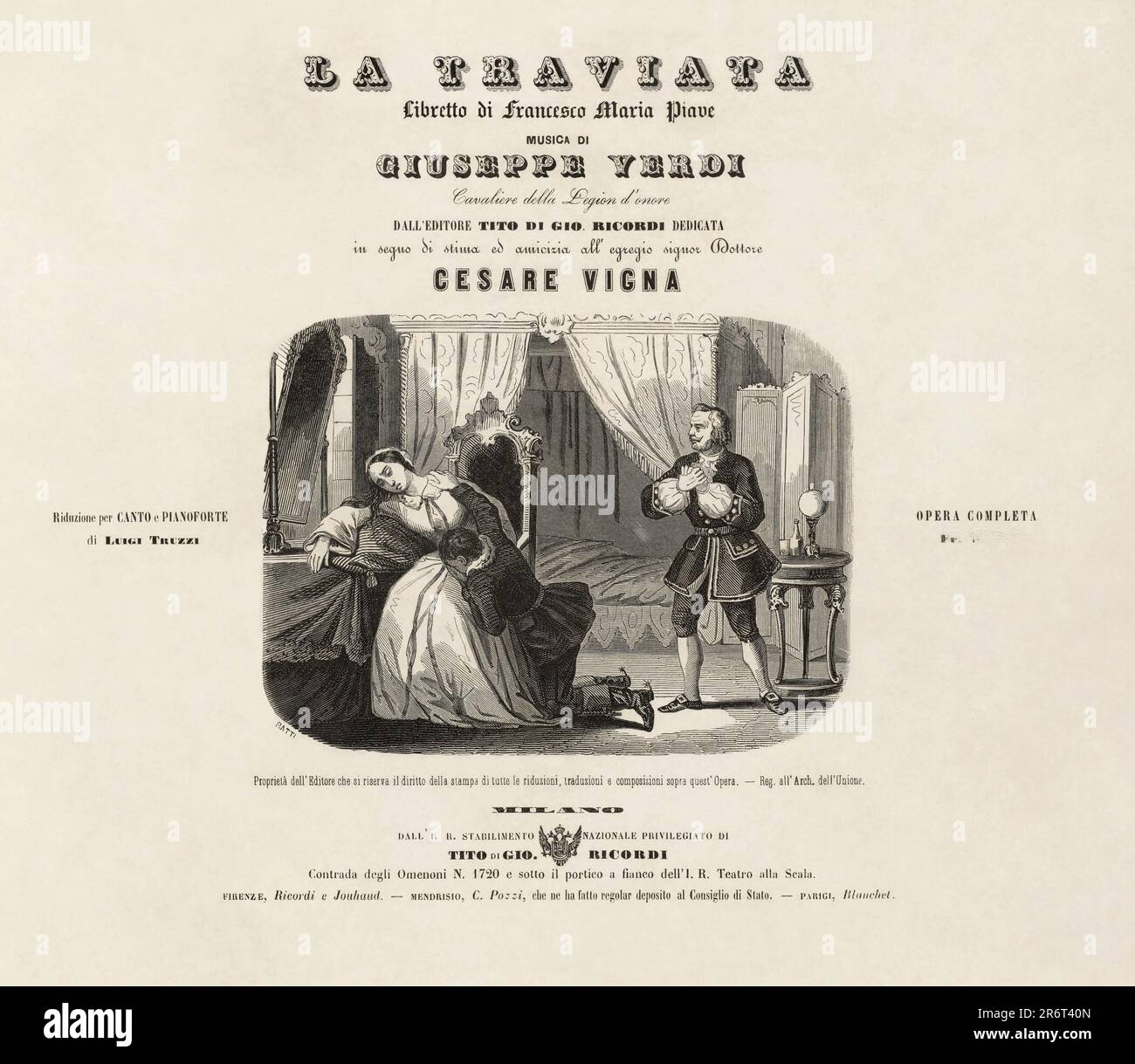 Cover of the first edition of the vocal score of opera La Traviata by Giuseppe Verdi. Museum: PRIVATE COLLECTION. Author: Leopoldo Ratti. Stock Photo