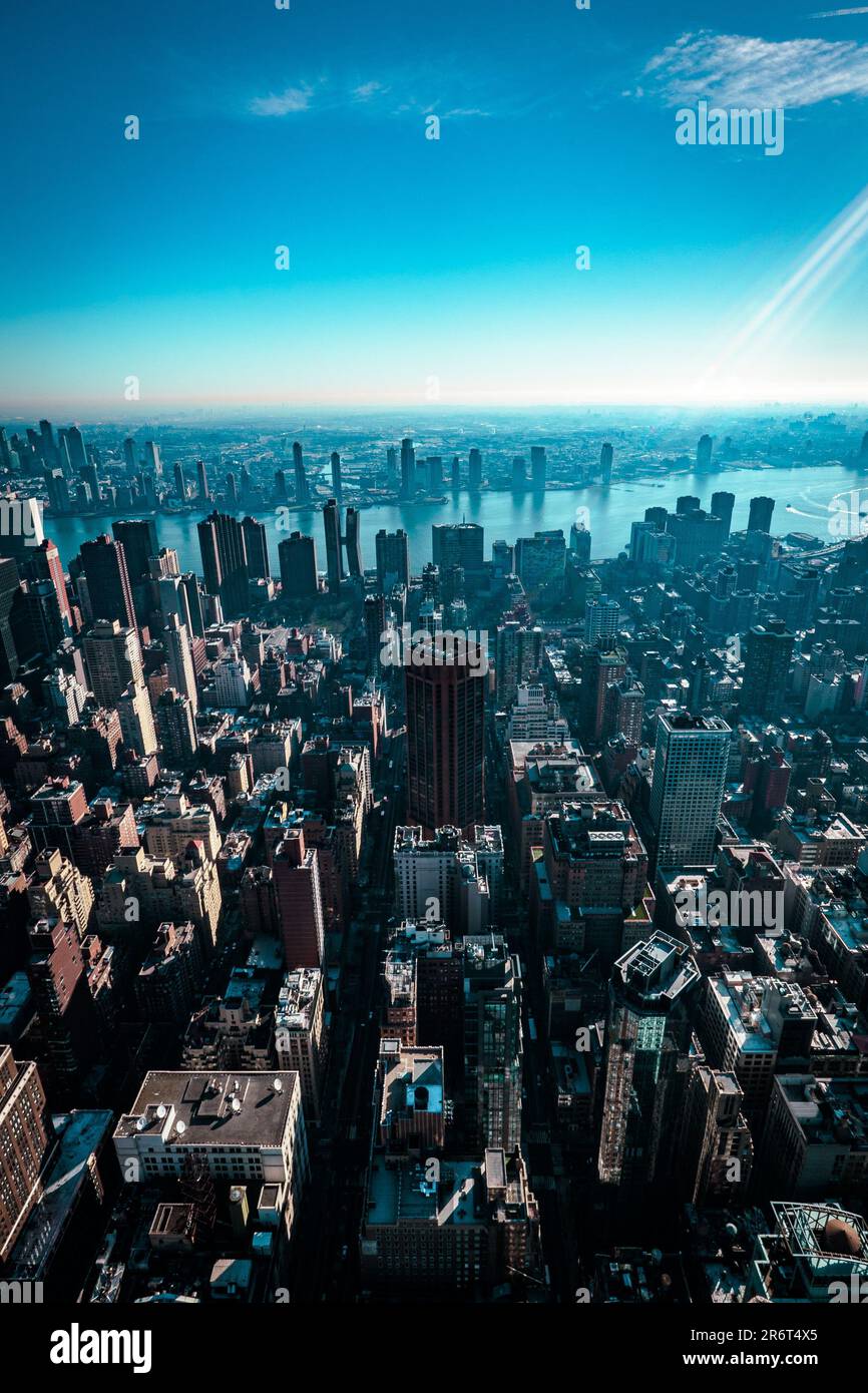 An aerial view of a bustling cityscape from the vantage point of a high ...