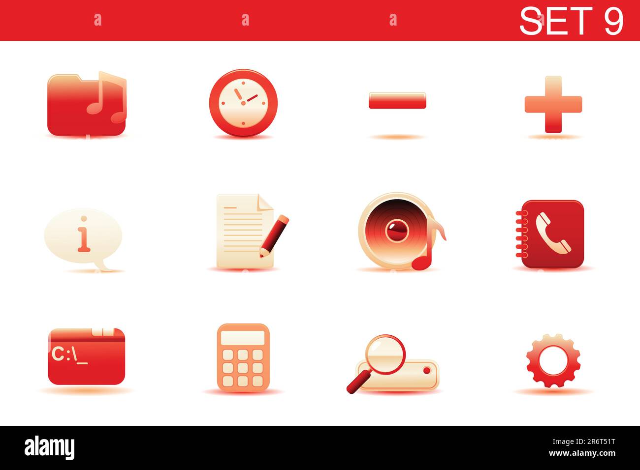 Vector illustration ? set of red elegant simple icons for common computer and media devices functions. Set-9 Stock Vector