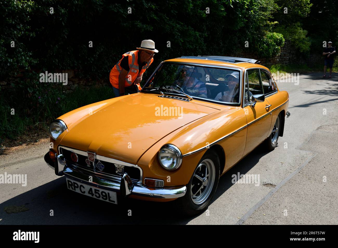 Hook Norton Brewery, Cotswolds, UK. 11th June 2023. MGB Sports Car Arrives 11th June 2023. Credit: MELVIN GREEN/Alamy Live News Stock Photo