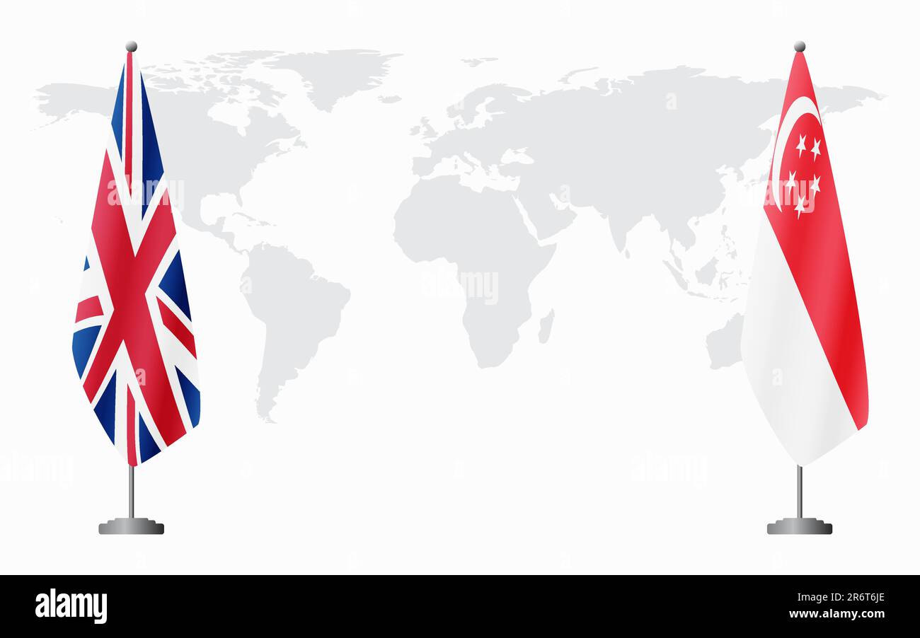 United Kingdom and Singapore flags for official meeting against background of world map. Stock Vector