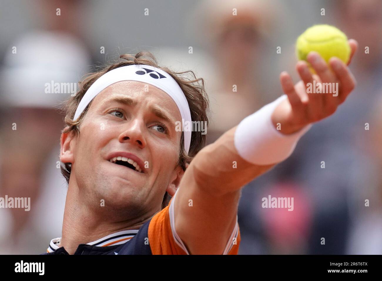 Norway's Casper Ruud serves against Serbia's Novak Djokovic during the  men's singles final match of the French Open tennis tournament at the  Roland Garros stadium in Paris, Sunday, June 11, 2023. (AP
