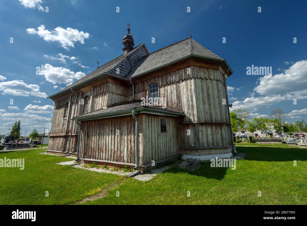 Przysiolek, Lubelskie, Poland - May 14, 2023: Historic wooden Roman Catholic Church from 1746, rear view Stock Photo