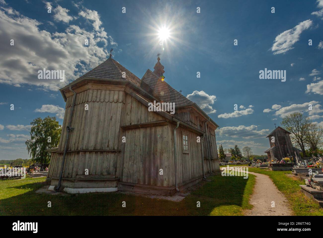Przysiolek, Lubelskie, Poland - May 14, 2023: Historic wooden Roman Catholic Church from 1746, rear view Stock Photo