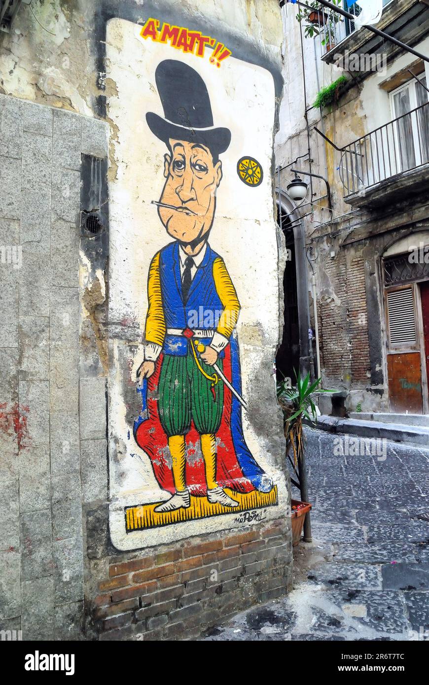 Naples, Quartieri Spagnoli,via Portacarrese a Montecalvario is a street covered with murals by Totò by various Neapolitan artists. The street is known as 'vico Totò' Stock Photo