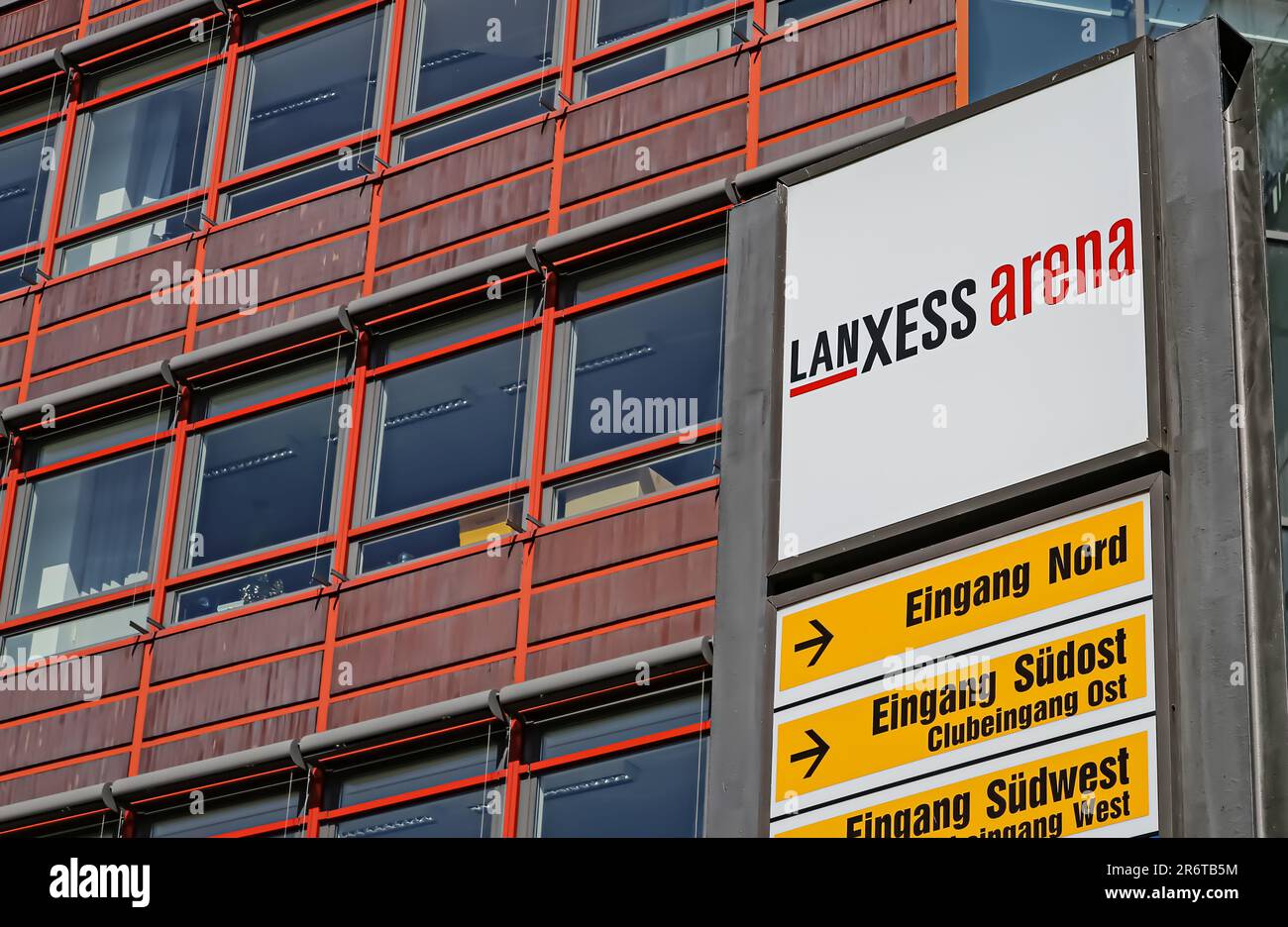 Cologne (Köln), Germany - June 6. 2023: Closeup of information and direction sign at event hall Lanxess Arena Stock Photo