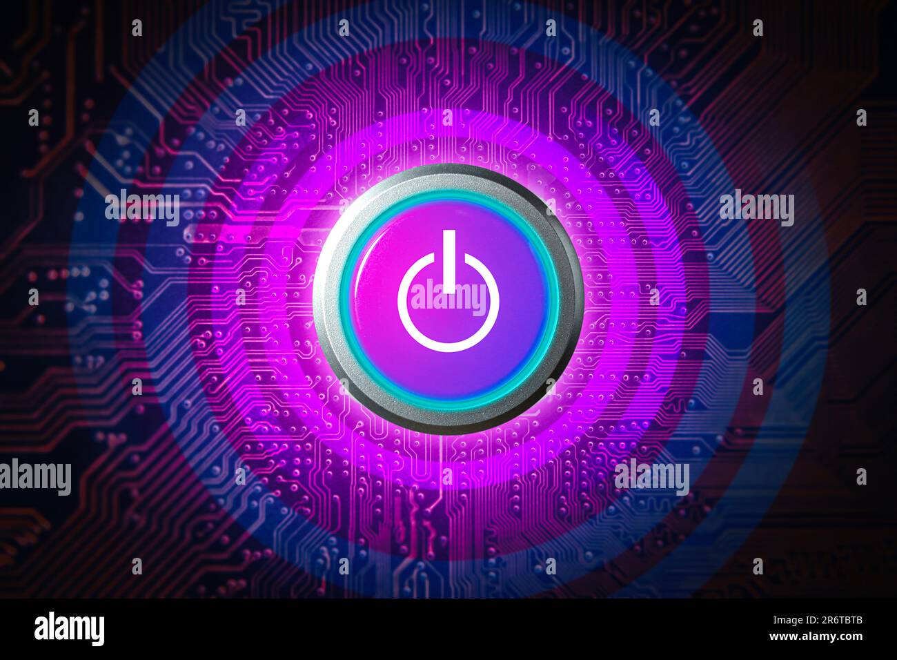 Power button glowing light isolated and electronic circuit pattern