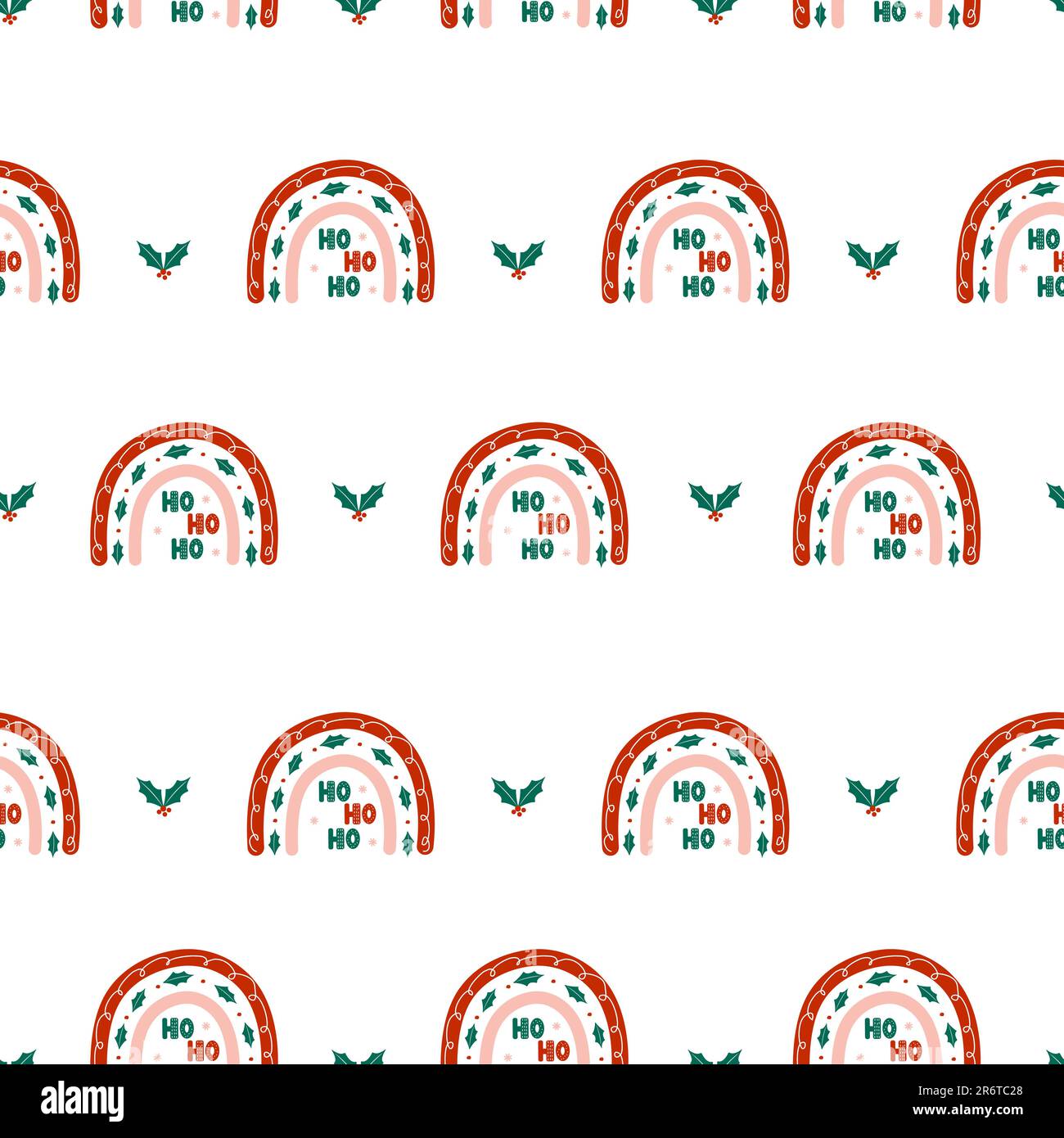 Christmas seamless pattern with rainbows and holly berry leaves. Cute winter background in boho style. Vector childish illustration for posters Stock Vector