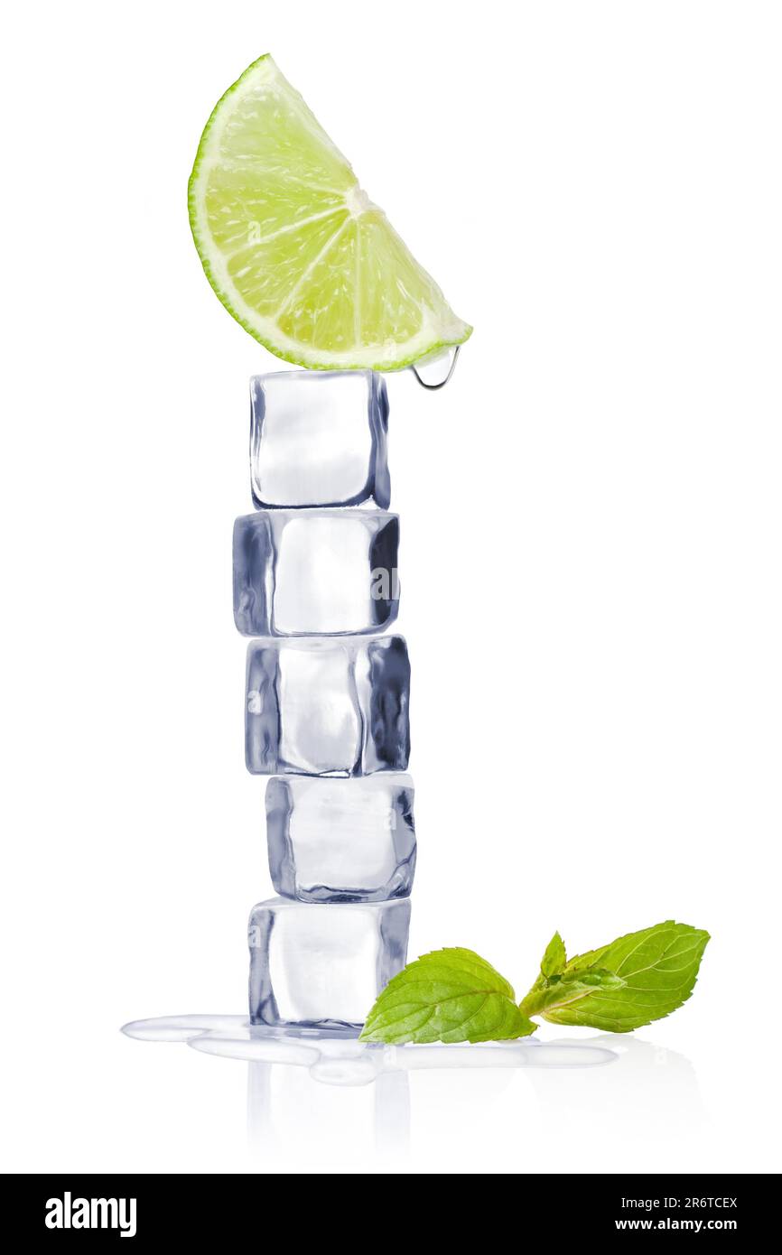 Ice cubes and mint leaves on a white background and with soft shadow Stock Photo