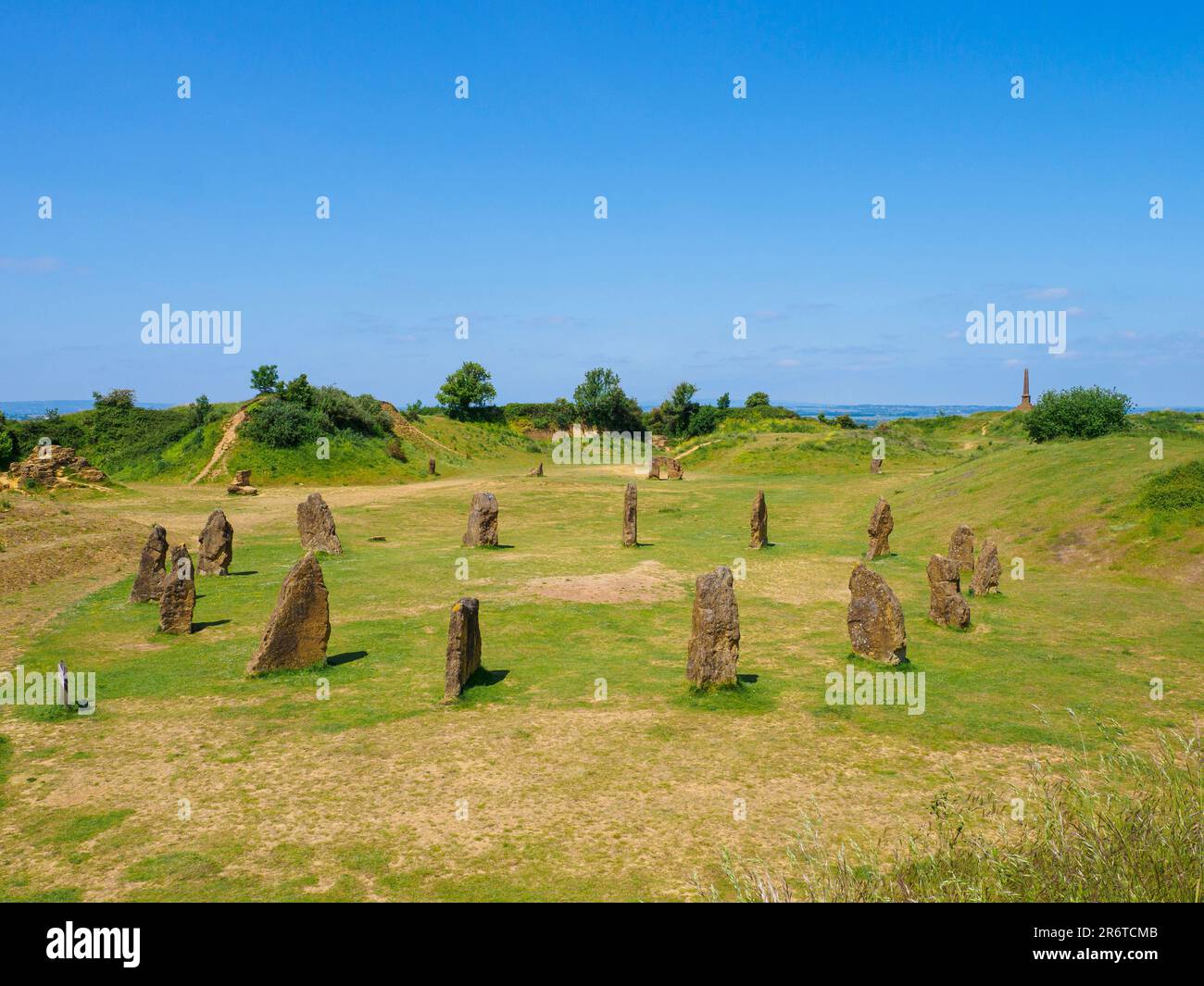 Stone circle on ham hill built by the Millenium Project to commemorate the centuries of quarrying on Ham Hill and the stonemasons that worked here wit Stock Photo