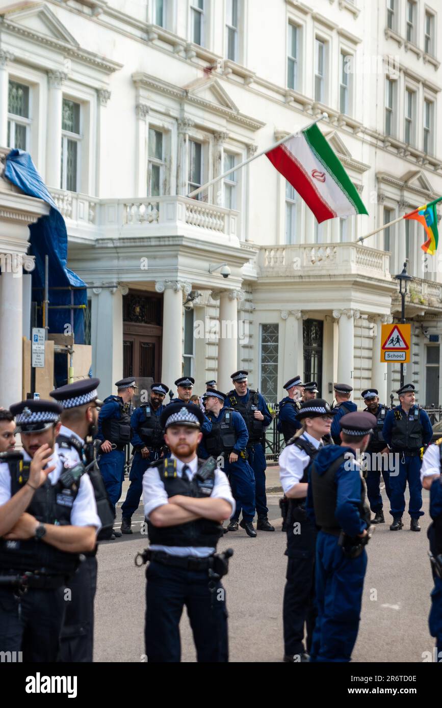 Knightsbridge, London, UK. 11th Jun, 2023. Protesters gathered outside the Embassy of the Islamic Republic of Iran in London protesting in support of the Kurdish people, prompting a large police response Stock Photo