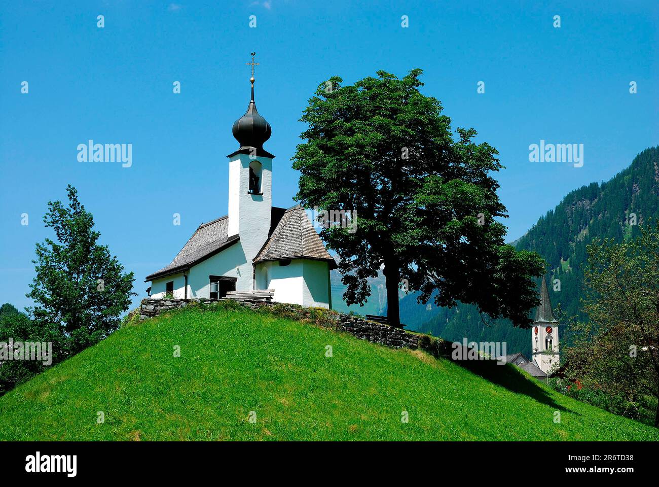 Church on hill in Gaschurn, Montafon, Austria Stock Photo