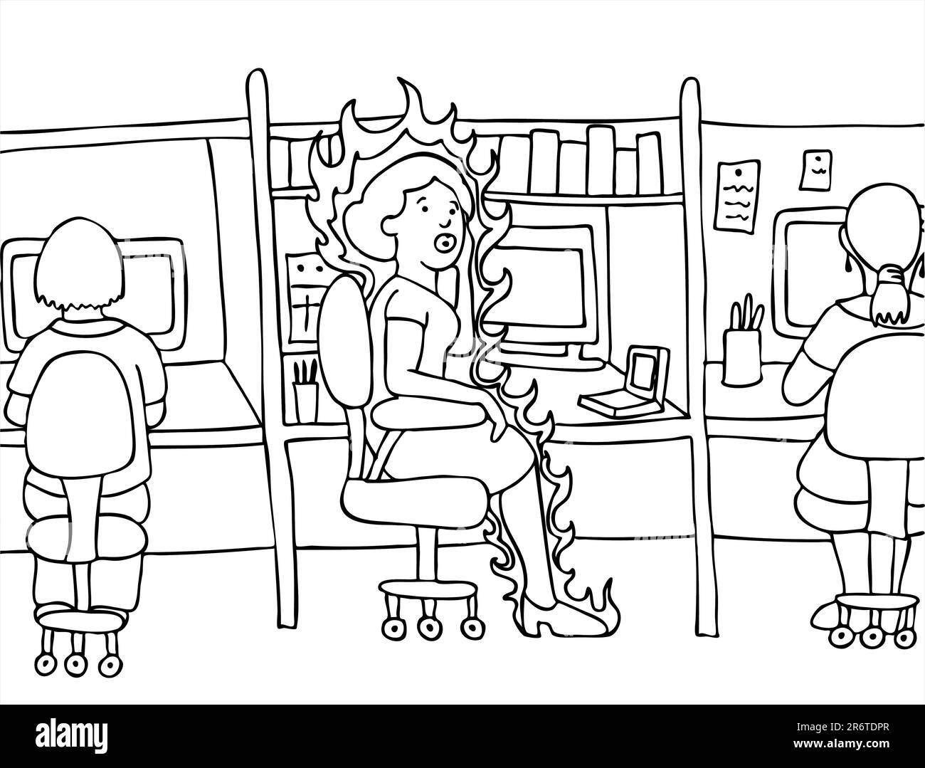 Menopausal woman experiences a hot flash while at work - black and white. Stock Vector