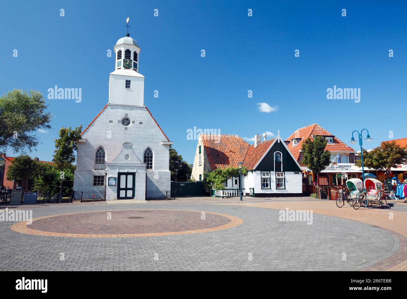 Church and market square, De Koog, Texel, Hervormde Kerk, Netherlands Stock Photo