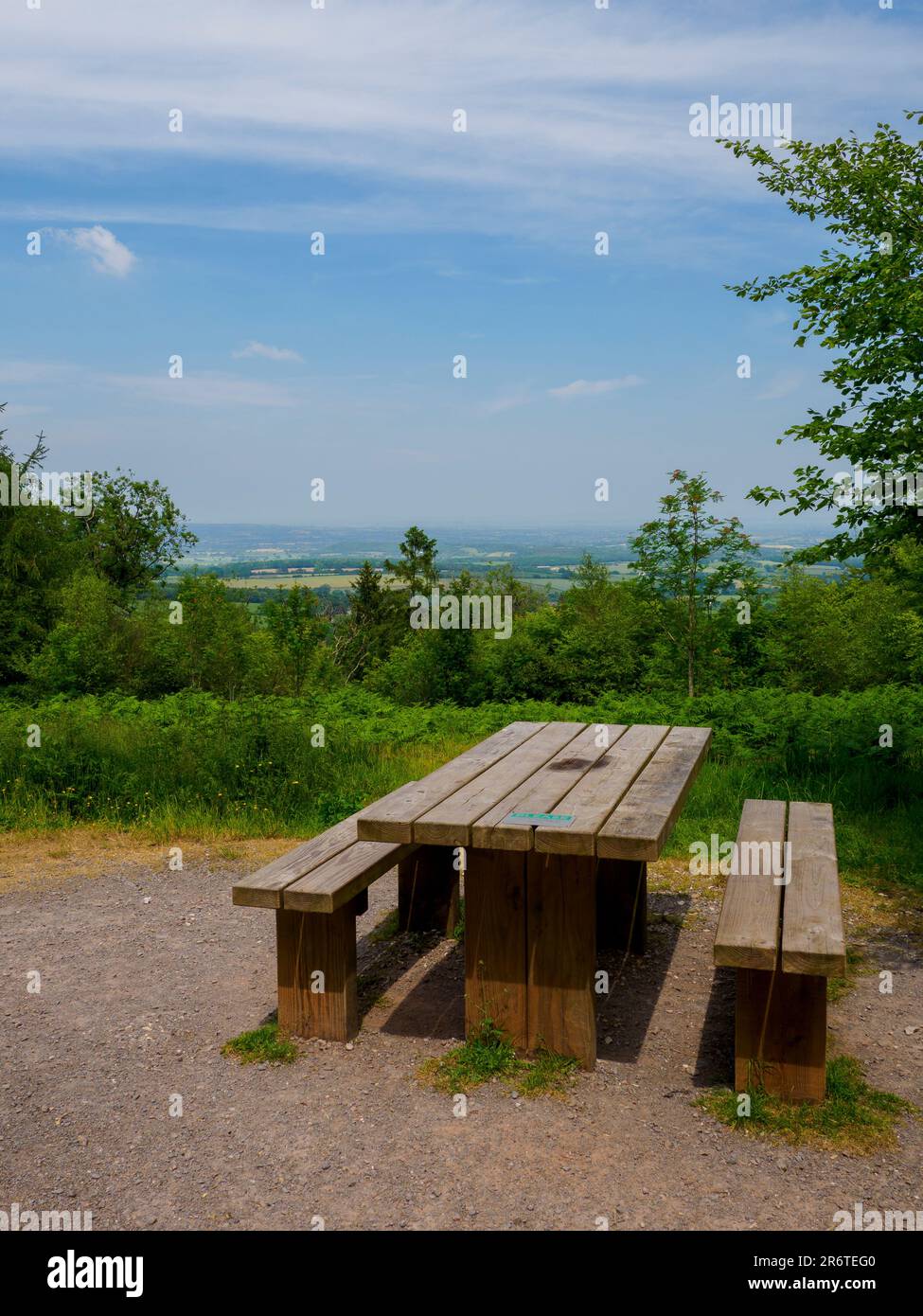 Picnic bench at the viewpoint on Staple hill the highest point on the Blackdown Hills, Somerset, UK Stock Photo