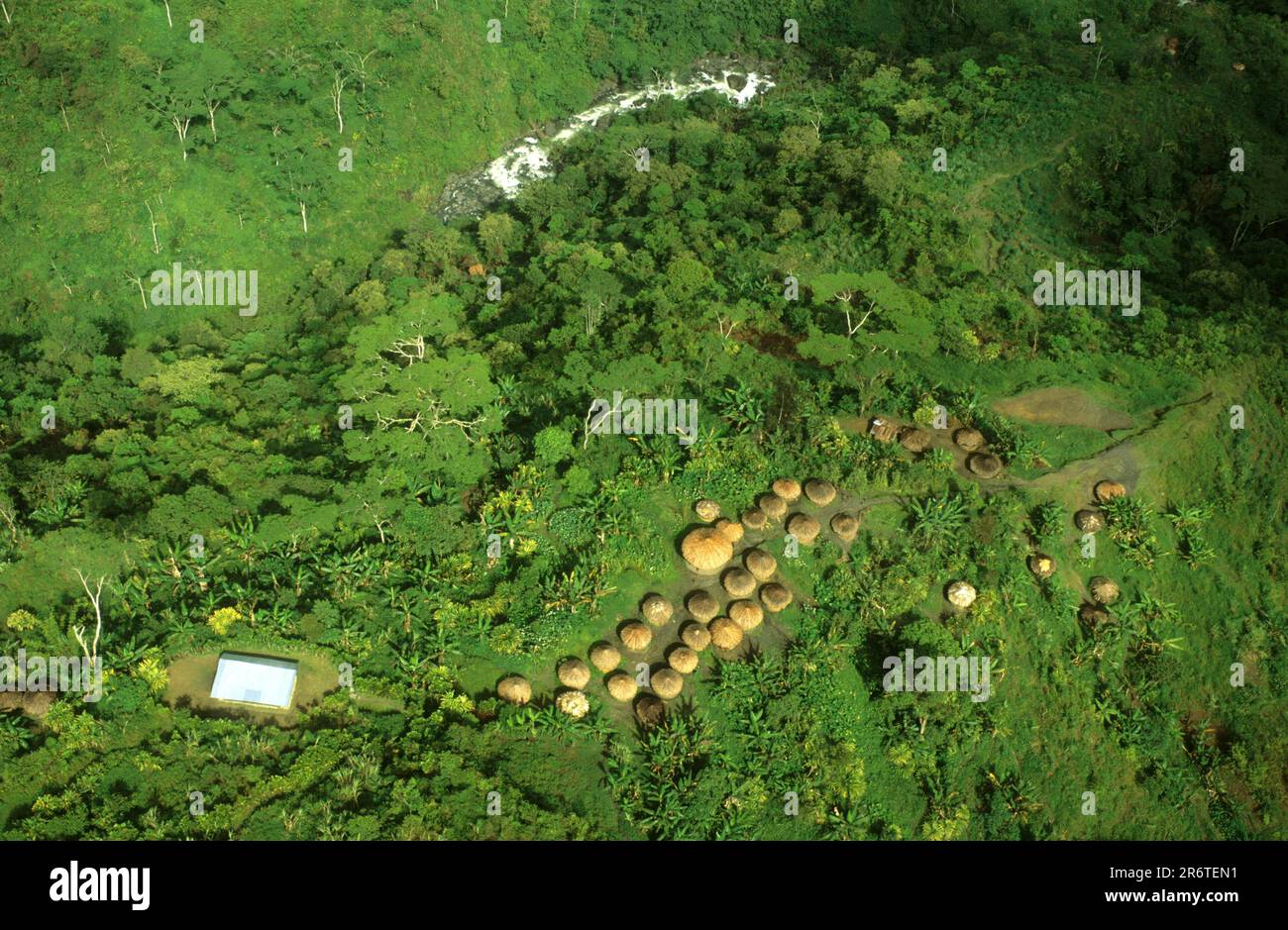 Typical Yali village in the mountains, West Papua, West New Guinea, Irian-Jaya, Indonesia Stock Photo