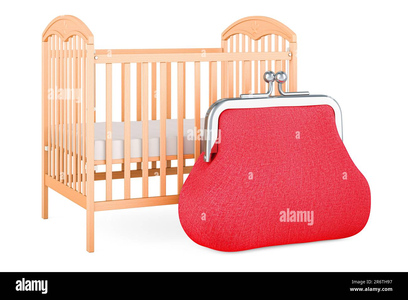 Baby crib, infant bed with coin purse. 3D rendering isolated on white ...