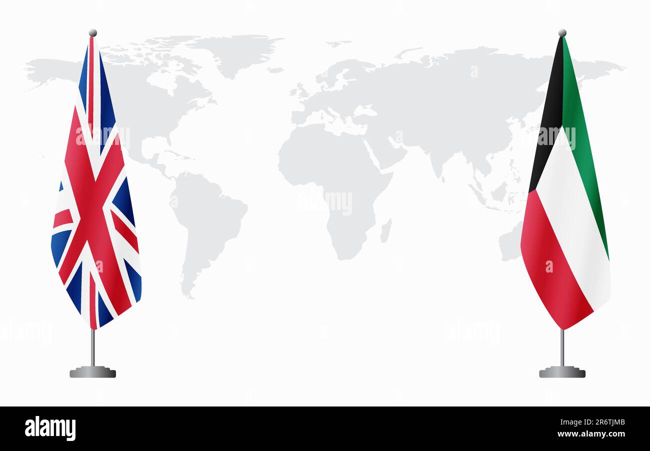 United Kingdom and Kuwait flags for official meeting against background of world map. Stock Vector