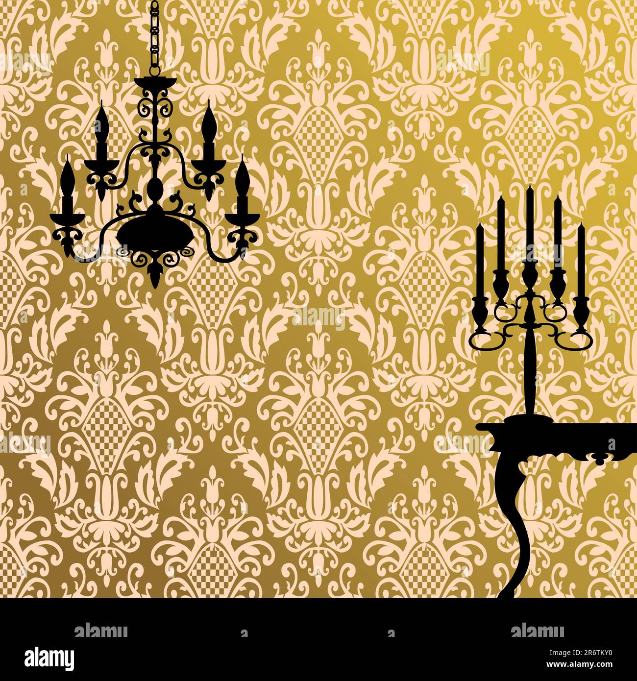 Damask seamless pattern and interior silhouettes, antique background ...