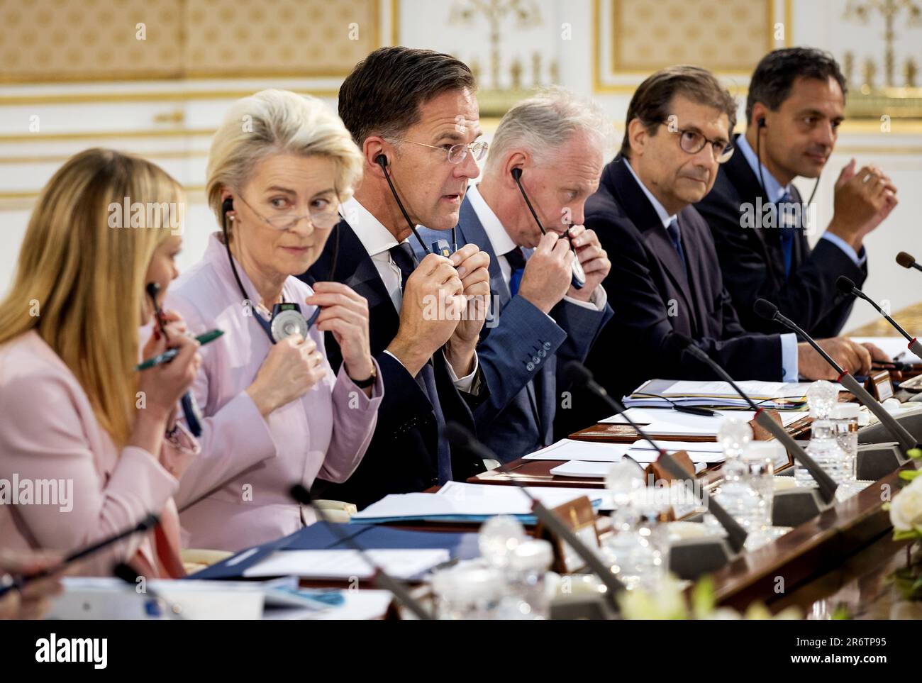 TUNIS - Prime Minister Mark Rutte, together with President Ursula von der Leyen of the European Commission and Italian Prime Minister Giorgia Meloni, visits Tunisian President Kais Saied. The European Union wants to make agreements with the North African country to curb illegal migration. ANP KOEN VAN WEEL netherlands out - belgium out Stock Photo